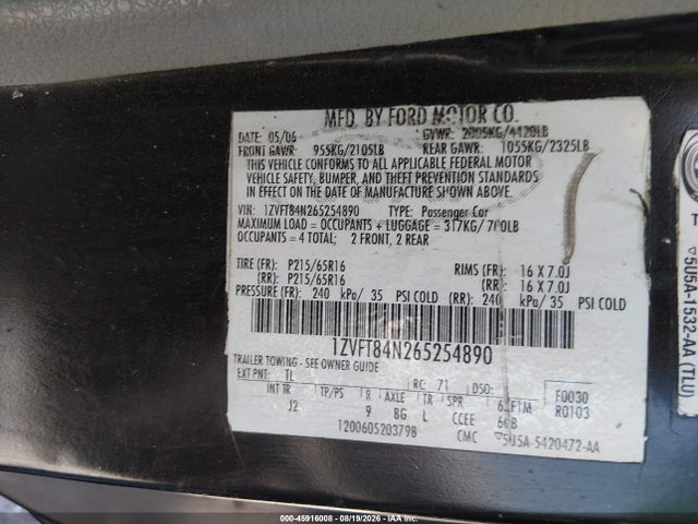 45916008 :رقم المزاد ، 1ZVFT84N265254890 vin ، 2006 Ford Mustang V6 مزاد بيع