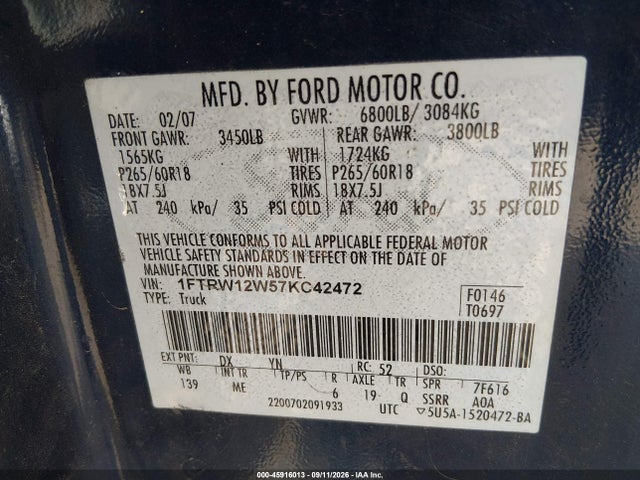 Продаж на аукціоні авто 2007 Ford F-150 Xlt, vin: 1FTRW12W57KC42472, номер лоту: 45916013