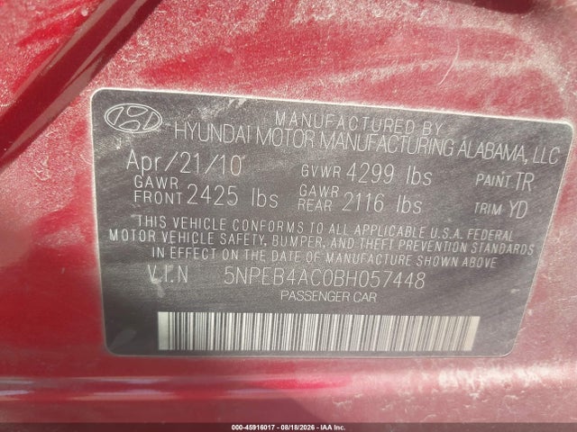 Aukcja sprzedaży 2011 Hyundai Sonata Gls, vin: 5NPEB4AC0BH057448, numer aukcji: 45916017