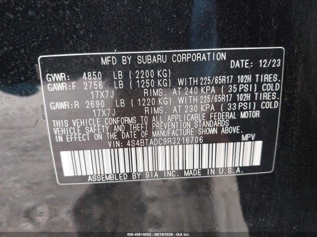 2024 Subaru Outback Premium მანქანა იყიდება აუქციონზე, vin: 4S4BTADC9R3216706, აუქციონის ნომერი: 45916053