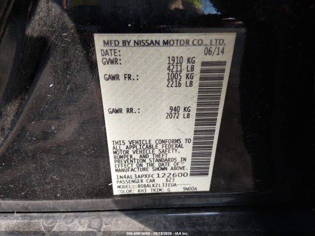 2015 Nissan Altima 2.5 Sv მანქანა იყიდება აუქციონზე, vin: 1N4AL3APXFC122600, აუქციონის ნომერი: 45916068