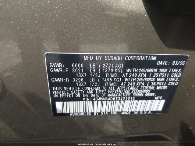 Продаж на аукціоні авто 2026 Subaru Ascent Premium 8-passenger, vin: 4S4WMAAD6T3421015, номер лоту: 45916106