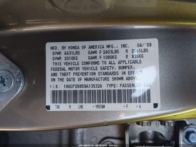 45916115 :رقم المزاد ، 1HGCP26859A135324 vin ، 2009 Honda Accord 2.4 Ex-l مزاد بيع