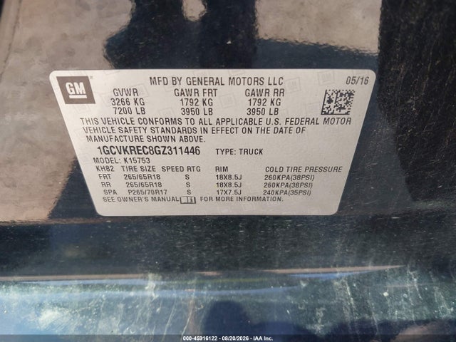 Продаж на аукціоні авто 2016 Chevrolet Silverado 1500 Lt, vin: 1GCVKREC8GZ311446, номер лоту: 45916122