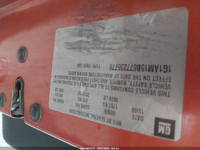 2007 Chevrolet Cobalt Ss მანქანა იყიდება აუქციონზე, vin: 1G1AM15B677235778, აუქციონის ნომერი: 45916137