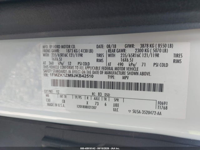 45916142 :رقم المزاد ، 1FMZK1ZM9JKB42510 vin ، 2018 Ford Transit-150 Xl مزاد بيع