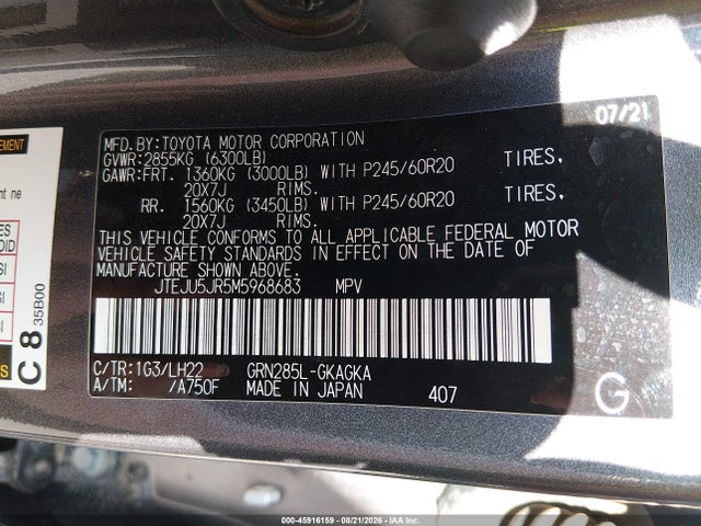 Aukcja sprzedaży 2021 Toyota 4runner Nightshade Special Edition, vin: JTEJU5JR5M5968683, numer aukcji: 45916159