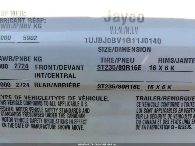 2016 Jayco Travel Trailer მანქანა იყიდება აუქციონზე, vin: 1UJBJ0BV1G11J0140, აუქციონის ნომერი: 45916174