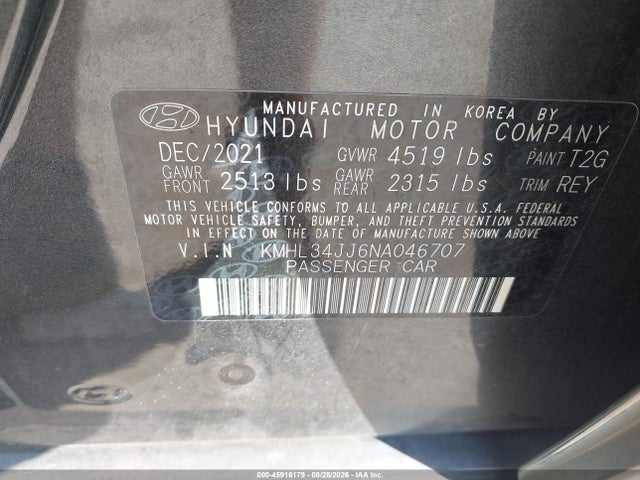 Продаж на аукціоні авто 2022 Hyundai Sonata Hybrid Sel, vin: KMHL34JJ6NA046707, номер лоту: 45916179