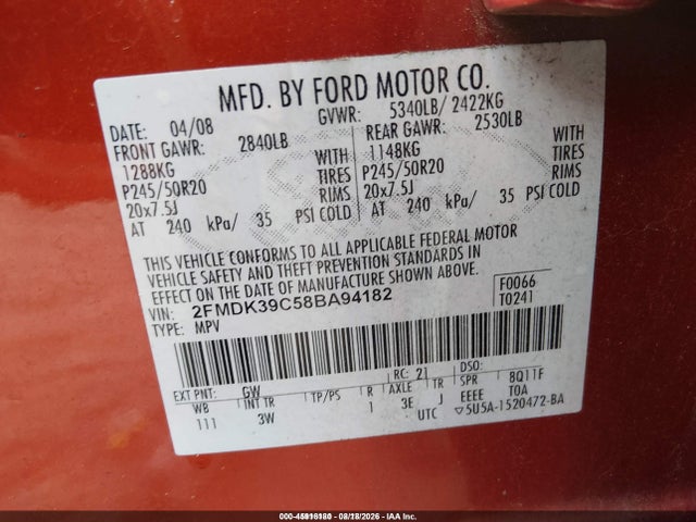 Продажа на аукционе авто 2008 Ford Edge Limited, vin: 2FMDK39C58BA94182, номер лота: 45916180