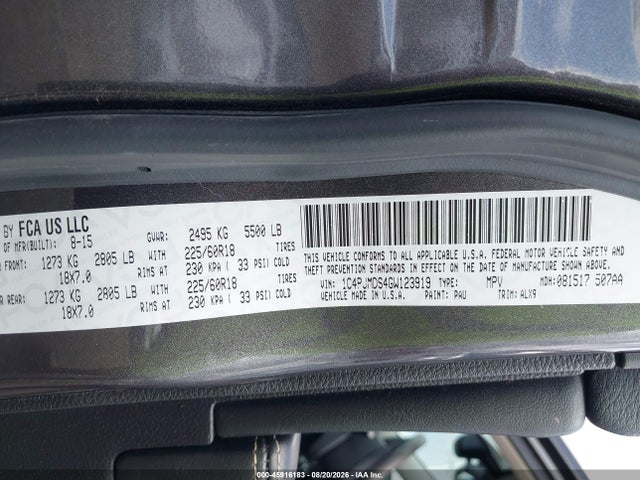 2016 Jeep Cherokee Limited მანქანა იყიდება აუქციონზე, vin: 1C4PJMDS4GW123919, აუქციონის ნომერი: 45916183