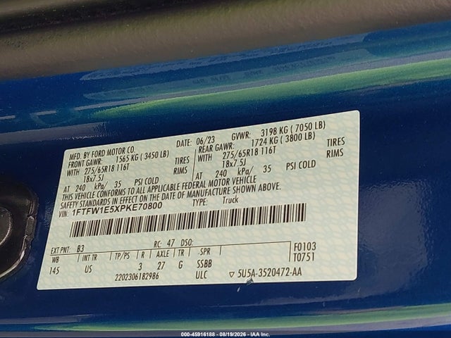 45916188 :رقم المزاد ، 1FTFW1E5XPKE70800 vin ، 2023 Ford F-150 Xlt مزاد بيع
