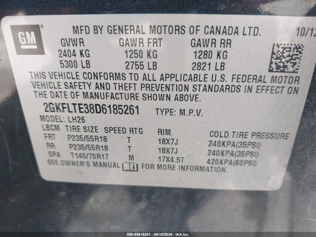Aukcja sprzedaży 2013 Gmc Terrain Sle-2, vin: 2GKFLTE38D6185261, numer aukcji: 45916201