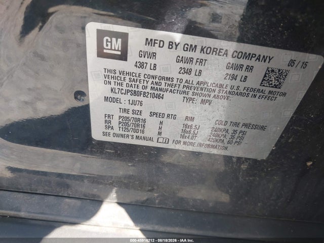 Auction sale of the 2015 Chevrolet Trax Ls, vin: KL7CJPSB0FB210464, lot number: 45916212