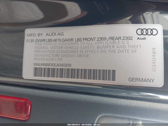 Продаж на аукціоні авто 2020 Audi A4 Premium Plus 40 Tfsi Front-wheel Drive S Tronic, vin: WAUHMAF40LA040209, номер лоту: 45916213