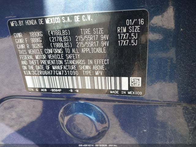 45916214 :رقم المزاد ، 3CZRU6H77GM731090 vin ، 2016 Honda Hr-v Ex-l مزاد بيع