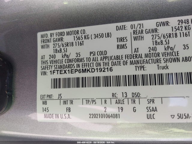 Aukcja sprzedaży 2021 Ford F-150 Xlt, vin: 1FTEX1EP6MKD19216, numer aukcji: 45916229