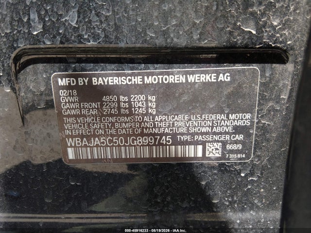 45916233 :رقم المزاد ، WBAJA5C50JG899745 vin ، 2018 Bmw 530i مزاد بيع