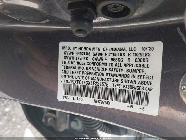 45916255 :رقم المزاد ، 19XFC1F3XLE221576 vin ، 2020 Honda Civic Ex مزاد بيع