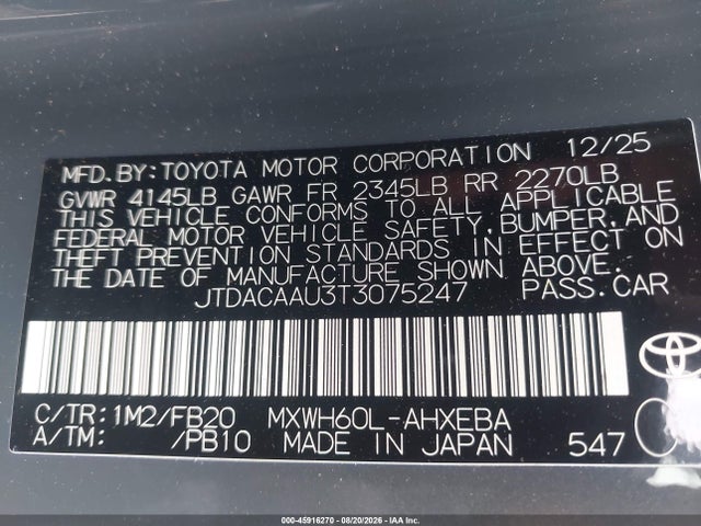 2026 Toyota Prius Le მანქანა იყიდება აუქციონზე, vin: JTDACAAU3T3075247, აუქციონის ნომერი: 45916270