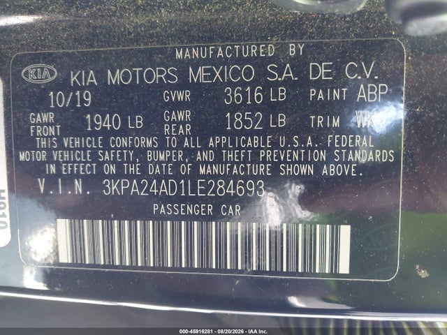 Aukcja sprzedaży 2020 Kia Rio S, vin: 3KPA24AD1LE284693, numer aukcji: 45916281