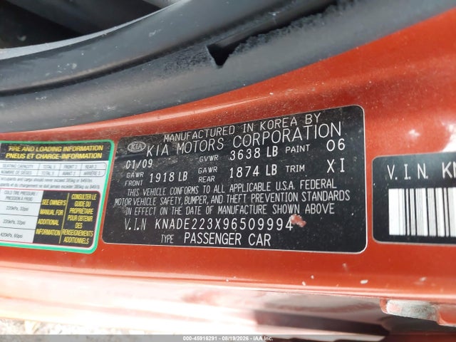 45916291 :رقم المزاد ، KNADE223X96509994 vin ، 2009 Kia Rio Lx مزاد بيع
