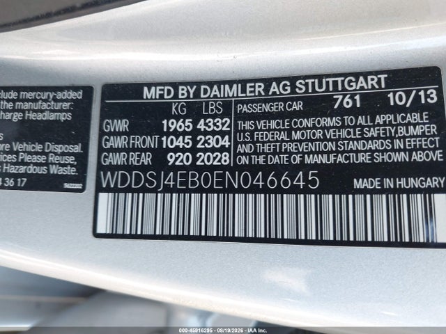 Aukcja sprzedaży 2014 Mercedes-benz Cla 250, vin: WDDSJ4EB0EN046645, numer aukcji: 45916295