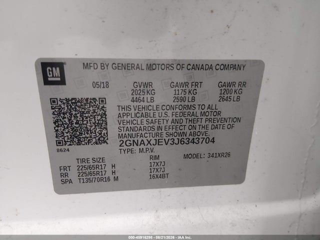 2018 Chevrolet Equinox Lt მანქანა იყიდება აუქციონზე, vin: 2GNAXJEV3J6343704, აუქციონის ნომერი: 45916298