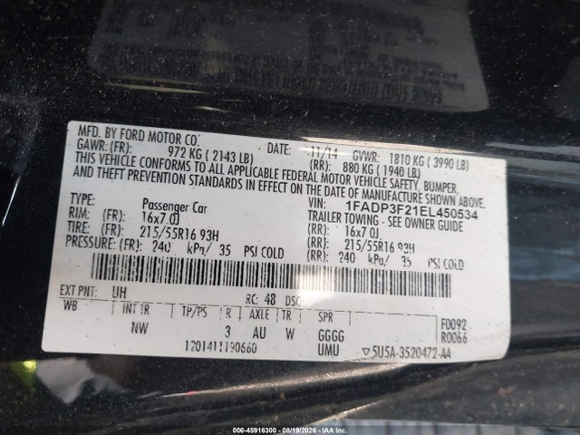 Aukcja sprzedaży 2014 Ford Focus Se, vin: 1FADP3F21EL450534, numer aukcji: 45916300