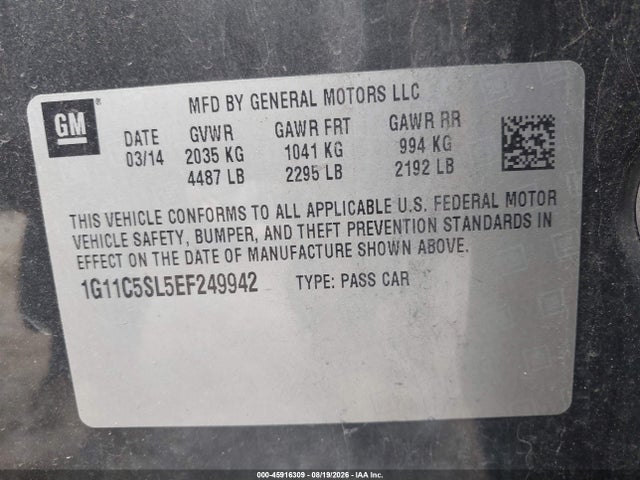 Продажа на аукционе авто 2014 Chevrolet Malibu 1lt, vin: 1G11C5SL5EF249942, номер лота: 45916309