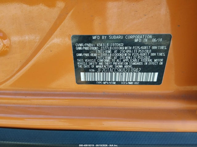 2019 Subaru Crosstrek 2.0i Premium მანქანა იყიდება აუქციონზე, vin: JF2GTACC9K8213942, აუქციონის ნომერი: 45916319