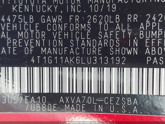 2020 Toyota Camry Se მანქანა იყიდება აუქციონზე, vin: 4T1G11AK6LU313192, აუქციონის ნომერი: 45916320
