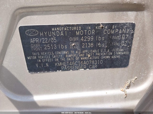 2006 Hyundai Sonata Gl მანქანა იყიდება აუქციონზე, vin: KMHET46C16A078310, აუქციონის ნომერი: 45916322