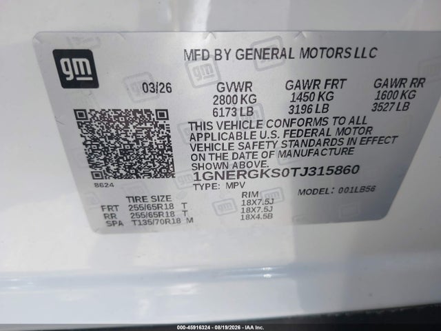 1GNERGKS0TJ315860 Chevrolet Traverse Fwd Lt