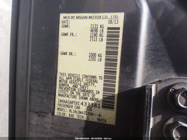 Продаж на аукціоні авто 2014 Nissan Maxima 3.5 S, vin: 1N4AA5AP1EC433381, номер лоту: 45916325