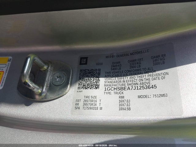 2018 Chevrolet Colorado Wt მანქანა იყიდება აუქციონზე, vin: 1GCHSBEA7J1253645, აუქციონის ნომერი: 45916328