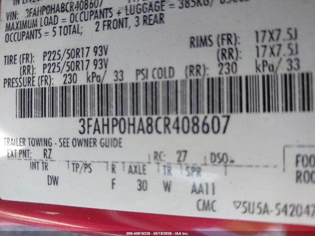 Aukcja sprzedaży 2012 Ford Fusion Se, vin: 3FAHP0HA8CR408607, numer aukcji: 45916339