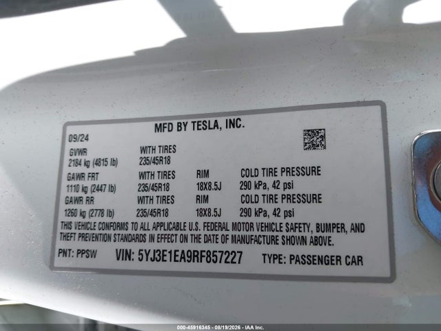 45916345 :رقم المزاد ، 5YJ3E1EA9RF857227 vin ، 2024 Tesla Model 3 Long Range Dual Motor All-wheel Drive/rear-wheel Drive مزاد بيع