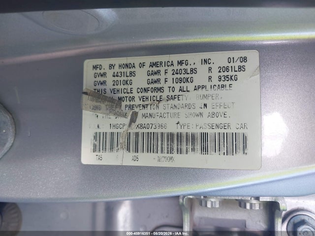 45916351 :رقم المزاد ، 1HGCP268X8A073966 vin ، 2008 Honda Accord 2.4 Ex-l مزاد بيع