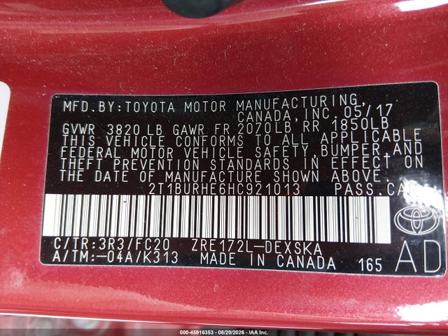 Aukcja sprzedaży 2017 Toyota Corolla Se, vin: 2T1BURHE6HC921013, numer aukcji: 45916353