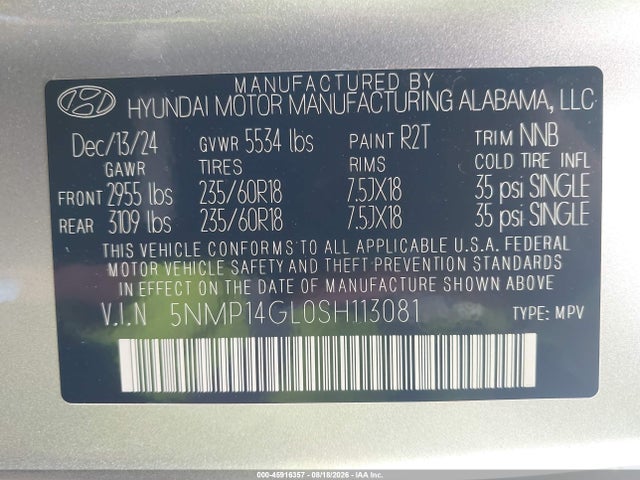 Продаж на аукціоні авто 2025 Hyundai Santa Fe Se, vin: 5NMP14GL0SH113081, номер лоту: 45916357