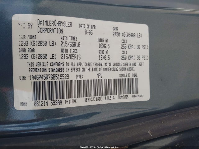 45916374 :رقم المزاد ، 1A4GP45R76B519529 vin ، 2006 Chrysler Town & Country مزاد بيع