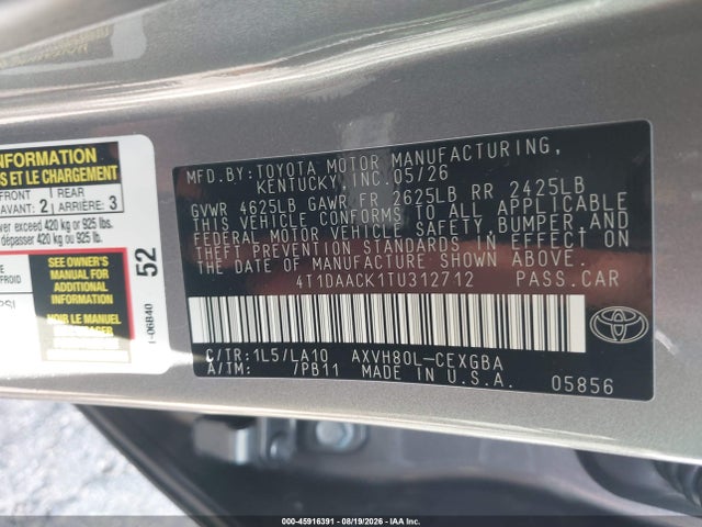 Aukcja sprzedaży 2026 Toyota Camry Xle, vin: 4T1DAACK1TU312712, numer aukcji: 45916391