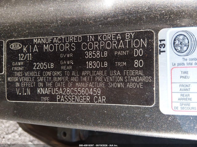 45916397 :رقم المزاد ، KNAFU5A28C5560459 vin ، 2012 Kia Forte Ex مزاد بيع