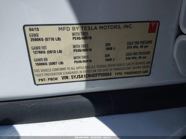 Aukcja sprzedaży 2013 Tesla Model S, vin: 5YJSA1CN4DFP09864, numer aukcji: 45916402