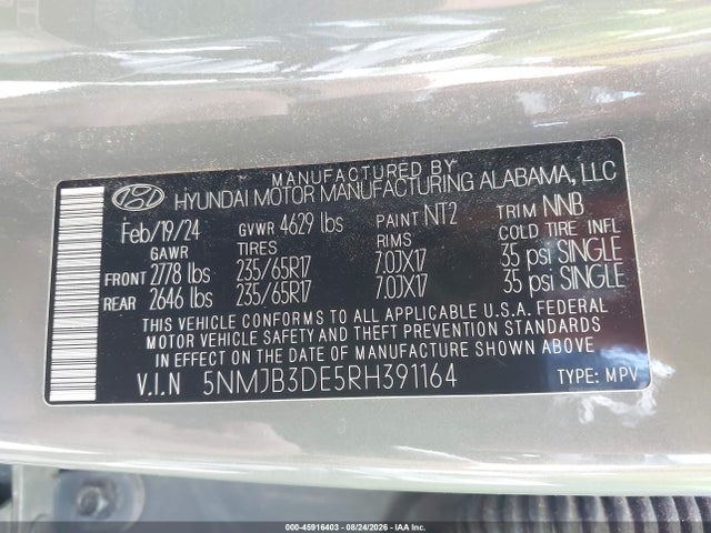 Продажа на аукционе авто 2024 Hyundai Tucson Sel, vin: 5NMJB3DE5RH391164, номер лота: 45916403