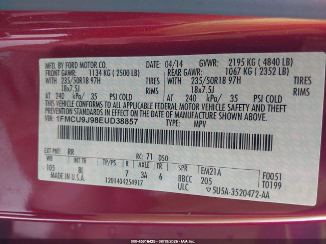 2014 Ford Escape Titanium მანქანა იყიდება აუქციონზე, vin: 1FMCU9J98EUD38857, აუქციონის ნომერი: 45916425