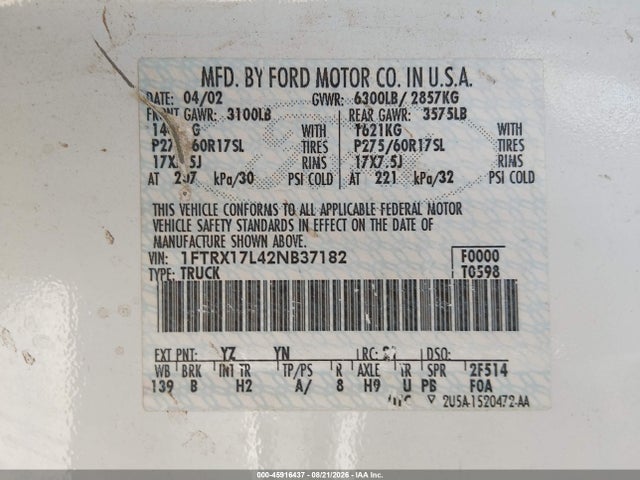 Продажа на аукционе авто 2002 Ford F-150 Lariat/xl/xlt, vin: 1FTRX17L42NB37182, номер лота: 45916437
