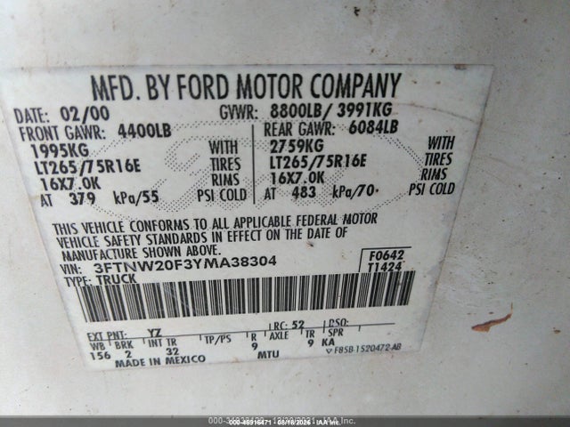 Aukcja sprzedaży 2000 Ford Super Duty F-250 Lariat/xl/xlt, vin: 3FTNW20F3YMA38304, numer aukcji: 45916471