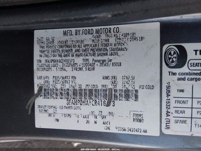 Продаж на аукціоні авто 2012 Ford Fusion Se, vin: 3FAHP0HA1CR418573, номер лоту: 45916484